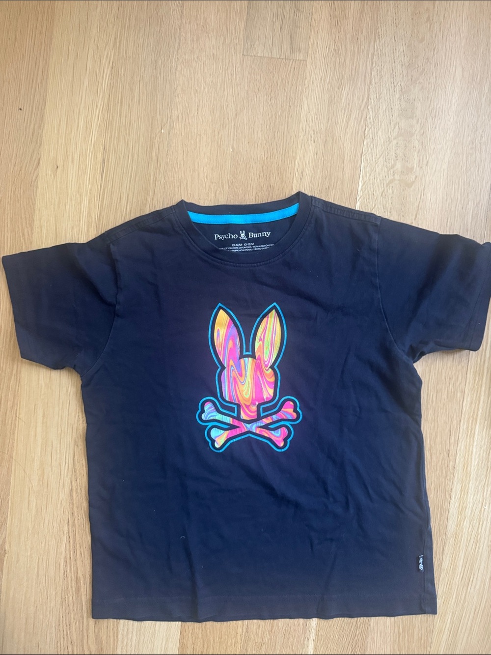 Psycho Bunny Black Tee with Multicolor Tie-Dye Logo